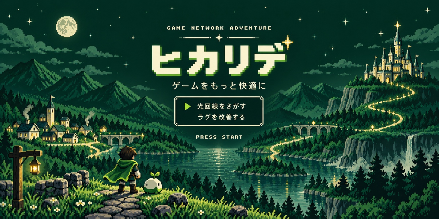 ヒカリデ — ゲームをもっと快適に。月夜の山々と城へ続く道を望む、冒険者と小さな相棒。