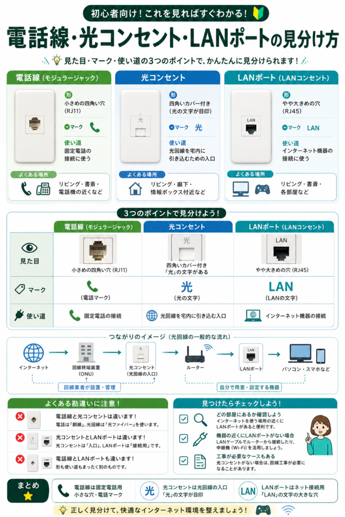 電話線・光コンセント・LANポート見分け方ガイド